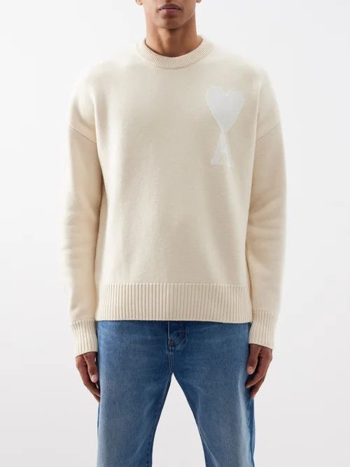 Ami De Caur-logo Merino Sweater - Mens - Cream