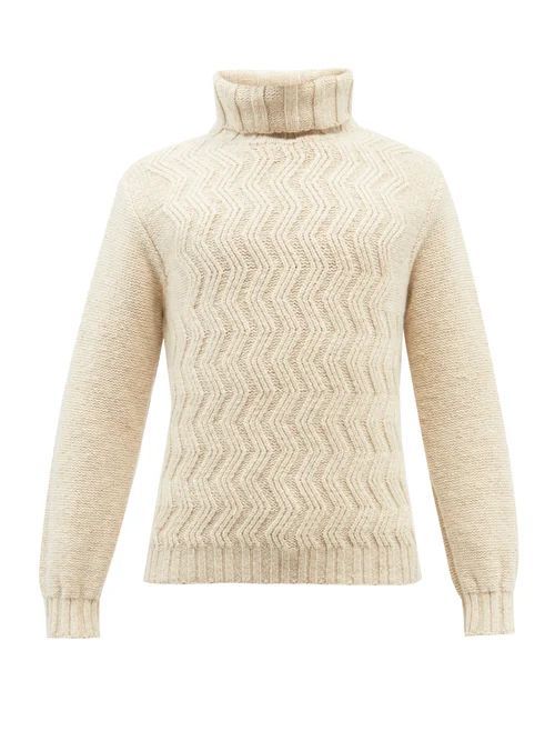 Roll-neck Chevron Merino Wool-blend Sweater - Mens - Cream