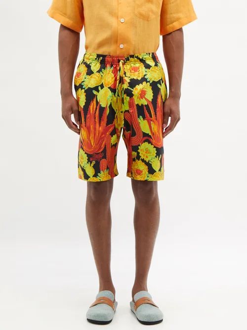 Cactus-print Silk-twill Shorts - Mens - Black Yellow