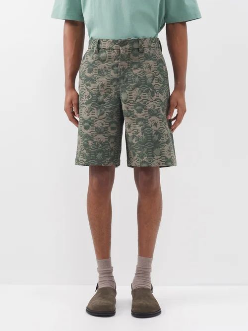 Tecido Floral-jacquard Cotton-blend Shorts - Mens - Khaki