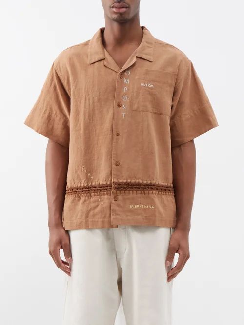 Greetings Embroidered Cotton-blend Shirt - Mens - Brown