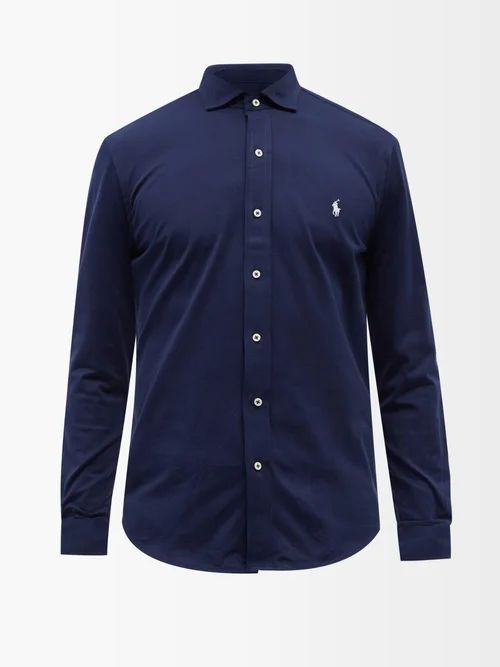 Logo-embroidered Cotton-jersey Shirt - Mens - Navy