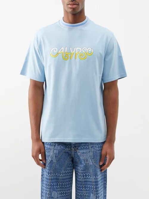 Calypso-print Cotton-jersey T-shirt - Mens - Light Blue