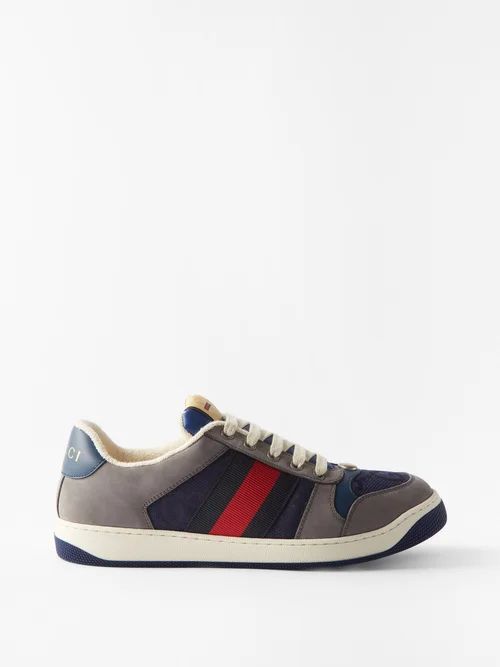 Screener Web Stripe Perforated-leather Trainers - Mens - Grey Navy