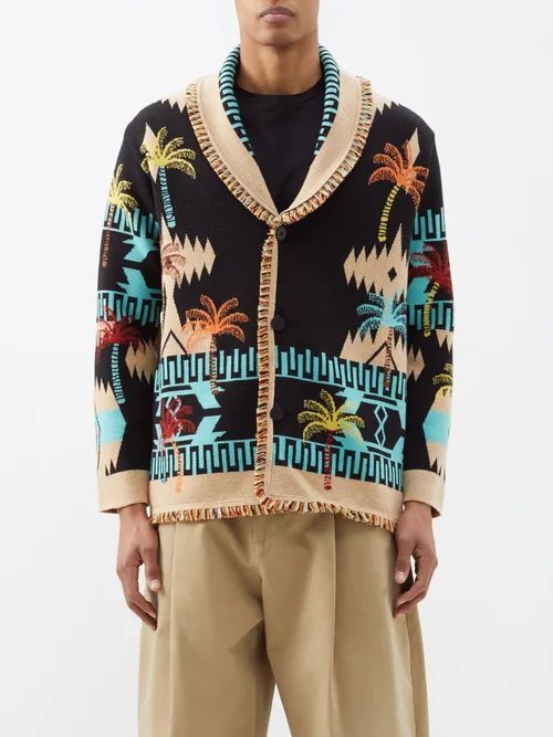 Palm Tree-jacquard Wool Cardigan - Mens - Black Multi
