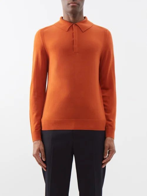 Long-sleeved Merino Polo Shirt - Mens - Orange