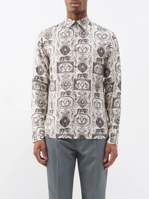 Lion-print Silk-twill Shirt - Mens - White Multi