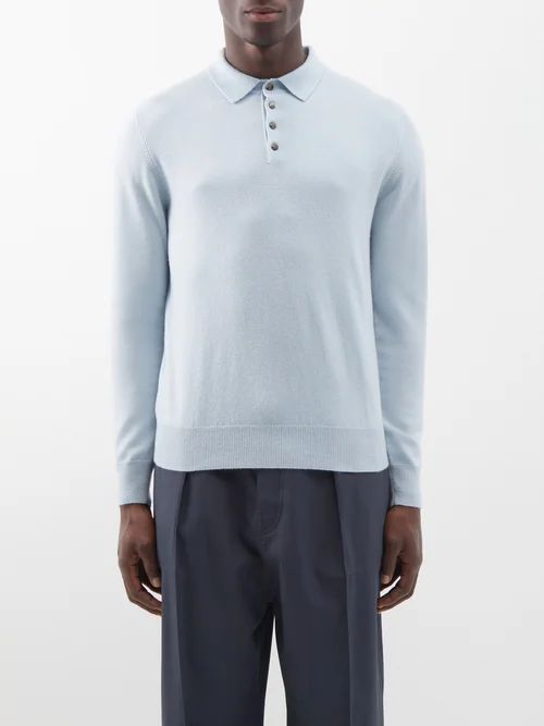 Cashmere Polo Shirt - Mens - Light Blue