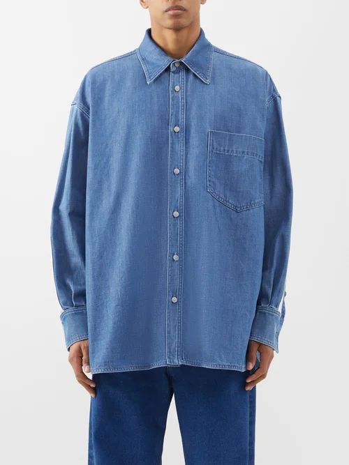 Patch-pocket Denim Shirt - Mens - Light Blue