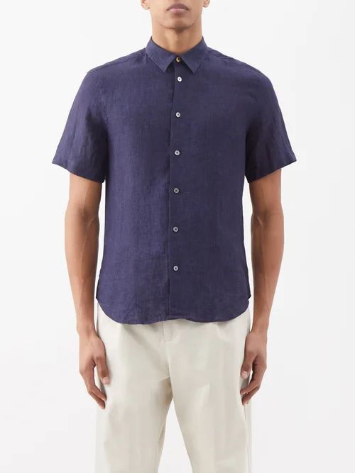 Point-collar Linen Shirt - Mens - Navy