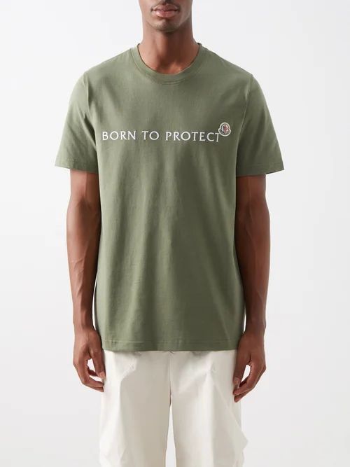Born To Protect-embroidery Cotton-blend T-shirt - Mens - Khaki
