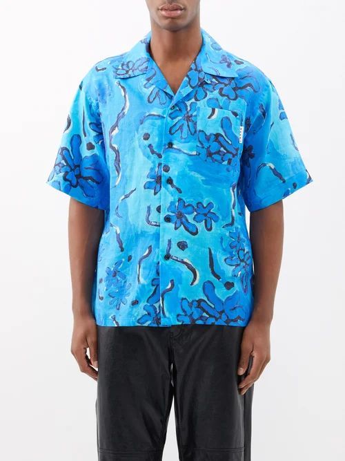 Cuban-collar Floral-print Shirt - Mens - Blue Multi