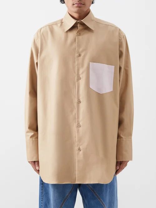 Contrast Patch Pocket Cotton Shirt - Mens - Beige