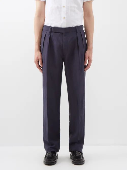 Gregory Pleated Silk-blend Suit Trousers - Mens - Navy