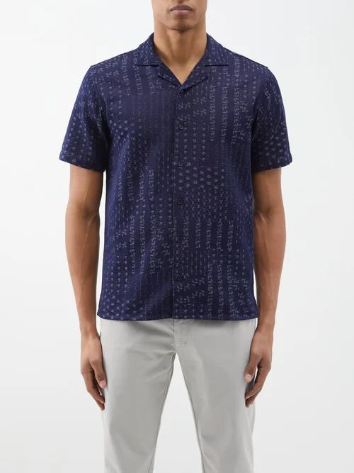 Hibbert Pastiche-print Cotton Shirt - Mens - Navy