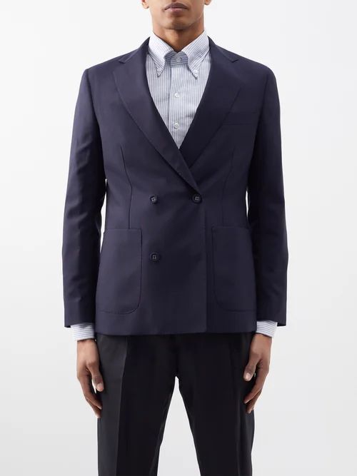 Leon Double-breasted Wool Suit Jacket - Mens - Navy