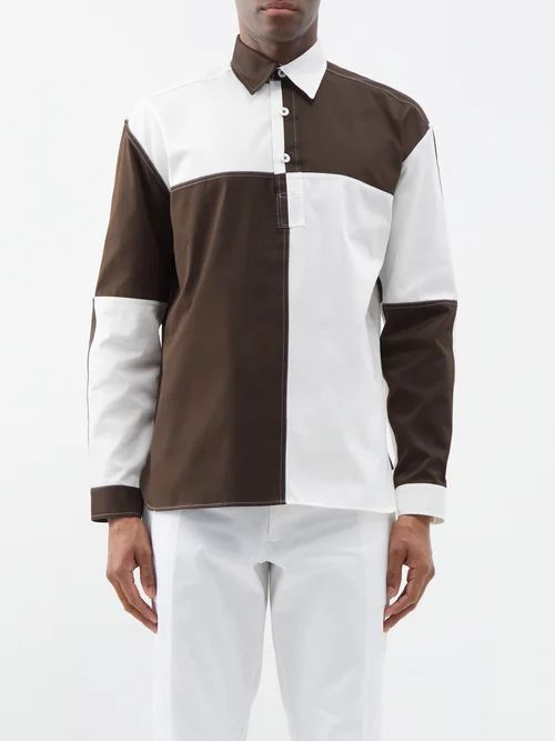 Colour-blocked Cotton Shirt - Mens - Brown White