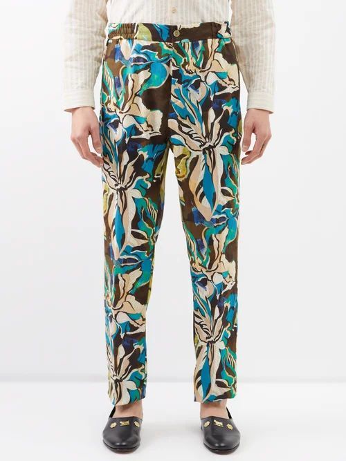 Botanical-print Elasticated Linen Trousers - Mens - Green Multi