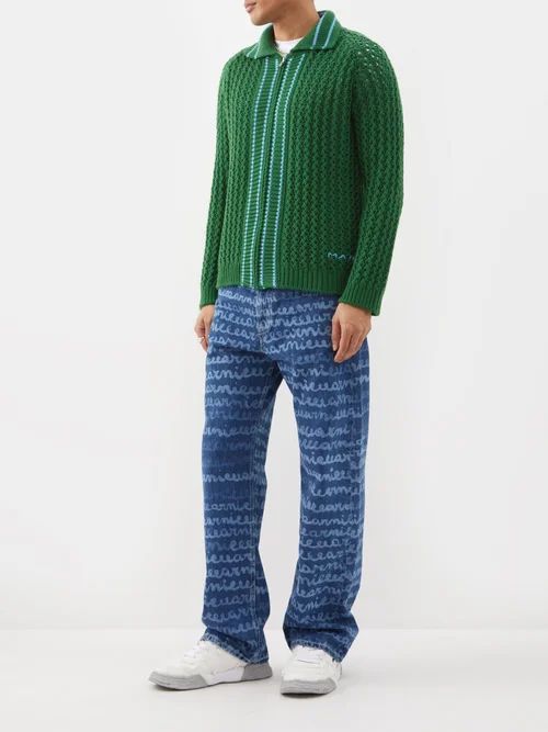 Open-knit Wool Zipped Cardigan - Mens - Green Blue