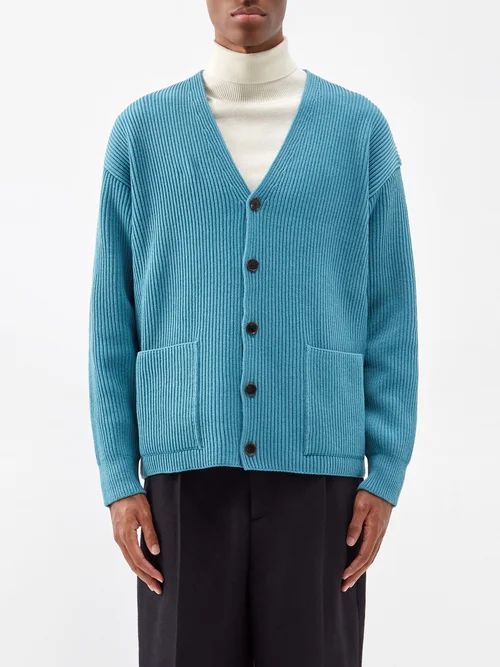 Patch-pocket Ribbed-wool Cardigan - Mens - Blue