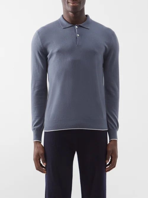 Swansea Cashmere Long-sleeved Polo Shirt - Mens - Grey