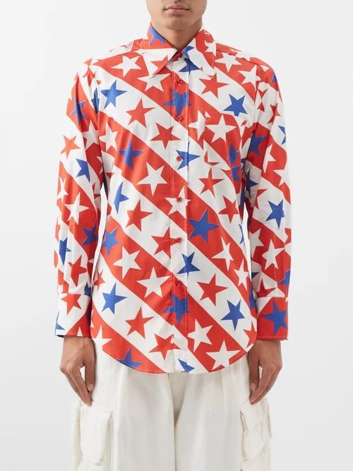 Star And Stripe-print Cotton-poplin Shirt - Mens - Red White Blue