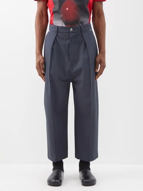 Pleated Cotton Wide-leg Trousers - Mens - Dark Blue