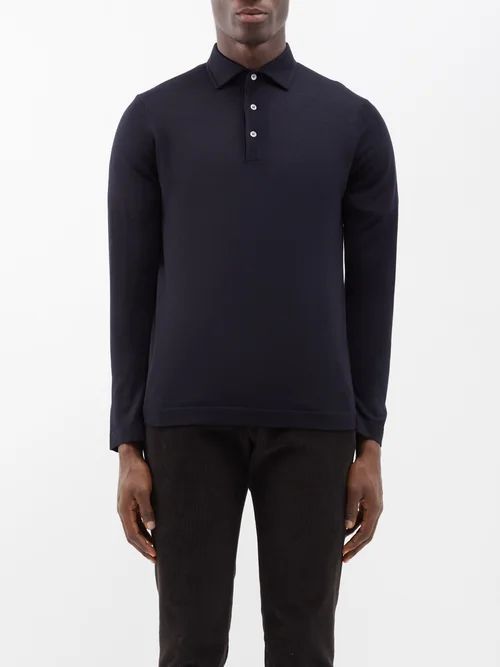Quarter-button Merino Polo Sweater - Mens - Navy