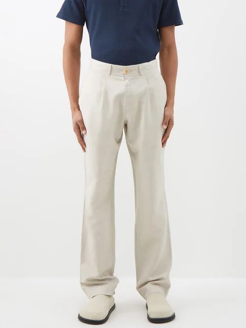 Pleated Linen-blend Herringbone Trousers - Mens - Cream