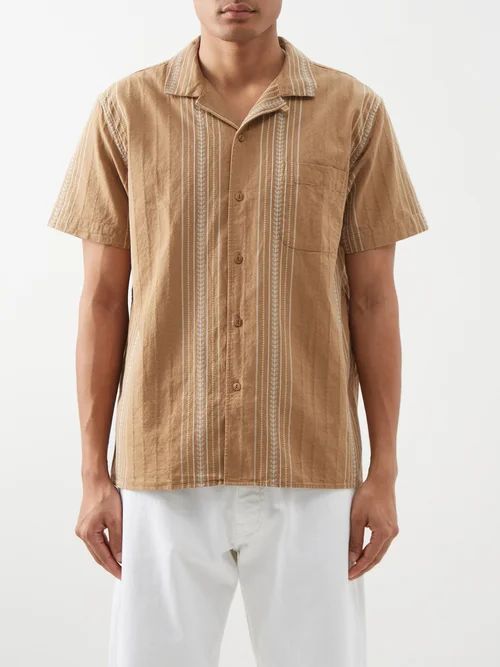 Malick Stripe-jacquard Cotton Shirt - Mens - Brown