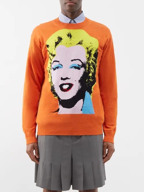 Warhol-intarsia Linen-blend Sweater - Mens - Orange Multi