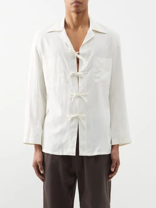Drawstring-front Silk Shirt - Mens - Beige