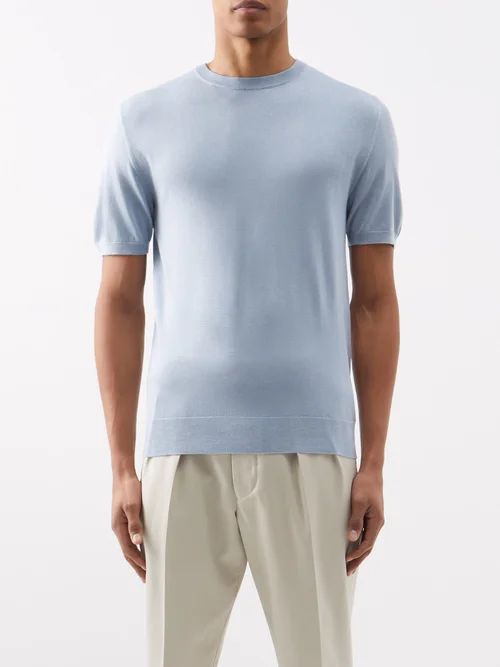 Mr Charles Silk-blend Short-sleeved Sweater - Mens - Blue