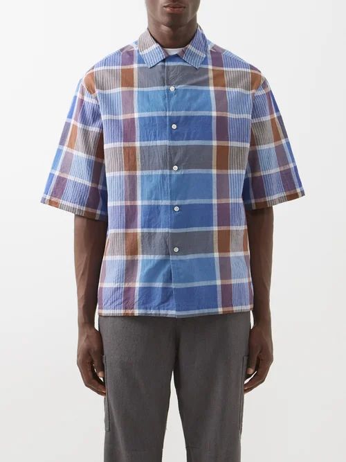 Check Crinkled Cotton-poplin Shirt - Mens - Blue Multi