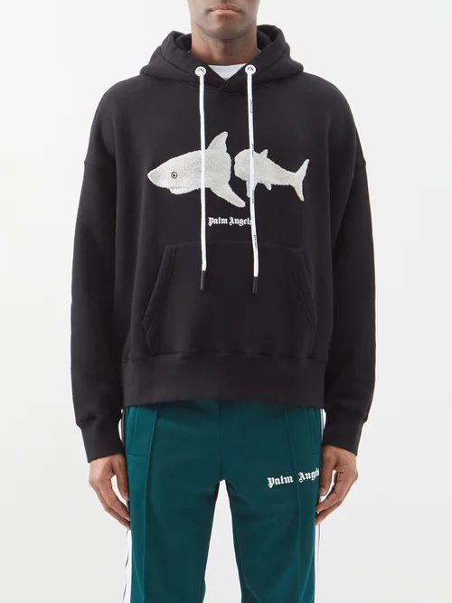 Shark-embroidered Cotton-jersey Hoodie - Mens - Black White