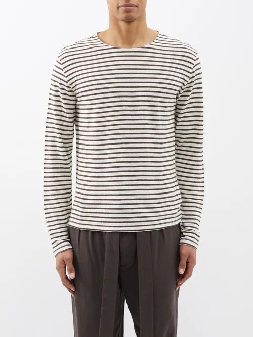 Striped Linen-blend Jersey Long-sleeved T-shirt - Mens - Cream Stripe