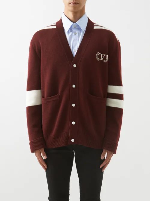 Logo-embroidered Wool Cardigan - Mens - Ivory Red