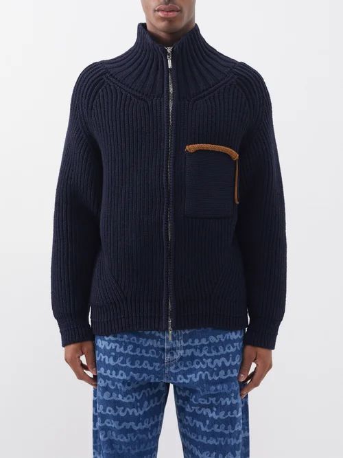 Arco Zipped Ribbed-knit Cardigan - Mens - Navy