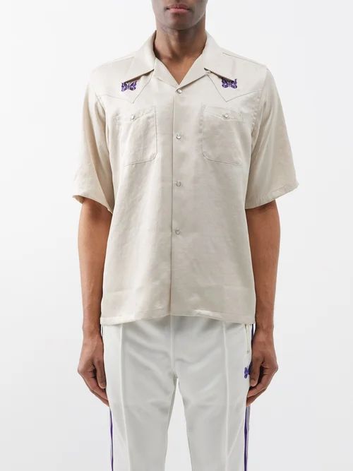 Butterfly-embroidered Sateen Shirt - Mens - Beige