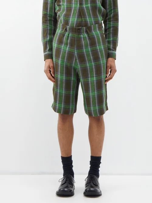 Deck Check-linen Shorts - Mens - Green Multi