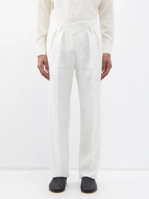 Gustavo Pleated Linen Trousers - Mens - White