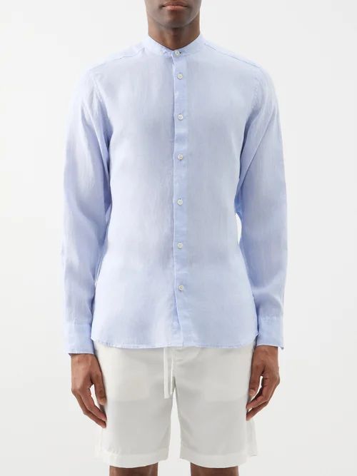 Jorge Stand-collar Linen-poplin Shirt - Mens - Light Blue