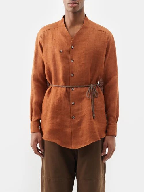 Belted Linen Shirt - Mens - Brown