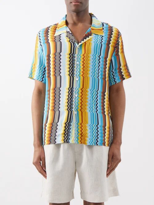 Zigzag-print Cuban-collar Shirt - Mens - Yellow Multi