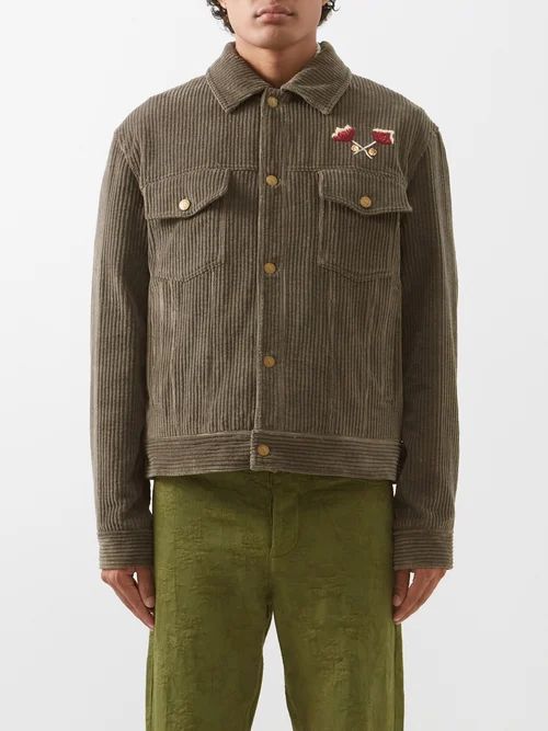Valadan Embroidered Cotton-corduroy Overshirt - Mens - Grey