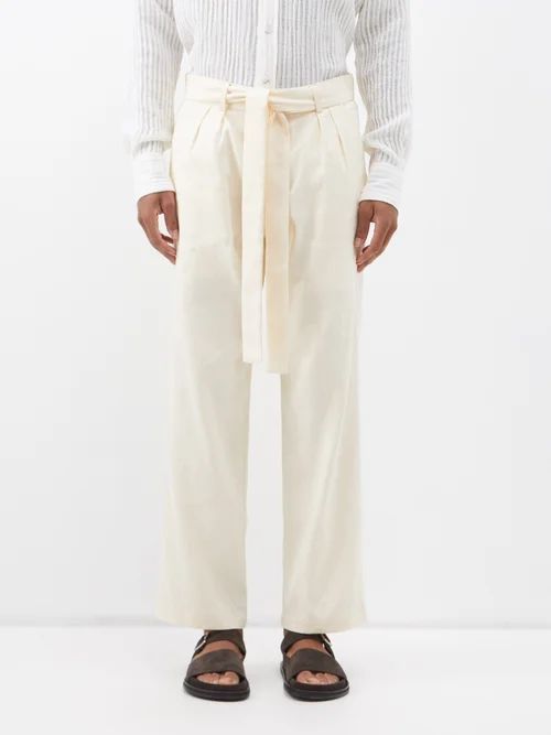 Belted-waist Linen-blend Trousers - Mens - Cream