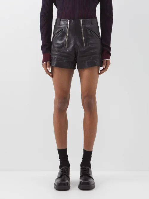 Double-zip Leather Shorts - Mens - Black