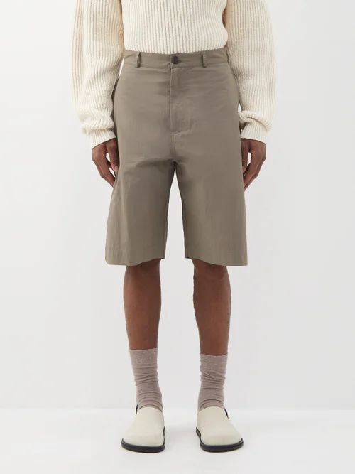 Peak Flat-front Cotton-blend Shorts - Mens - Khaki