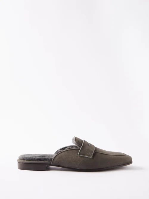 Backless Shearling-lined Suede Penny Loafers - Mens - Grey