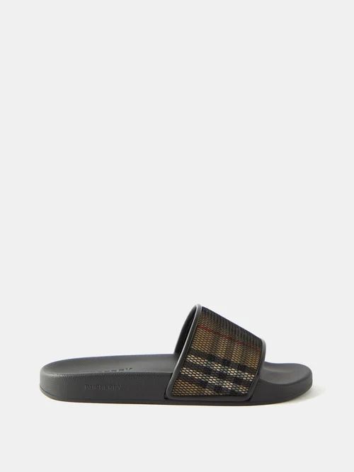 Checked Mesh And Cotton Rubber Sliders - Mens - Black Brown